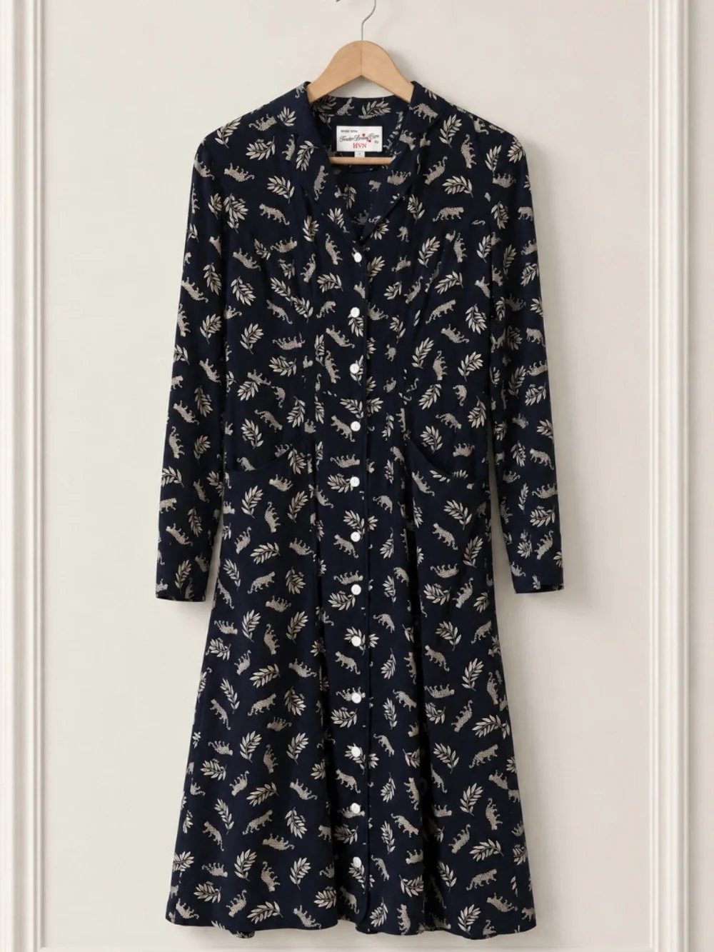 HVN Sarah Silk Button-Down Dress Leopard & Leaf Print